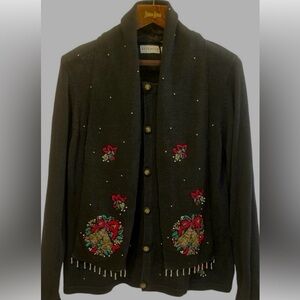 White Stag VTG Christmas Cardigan/Scarf Set XL (16/18) Wreath Beaded Fringe